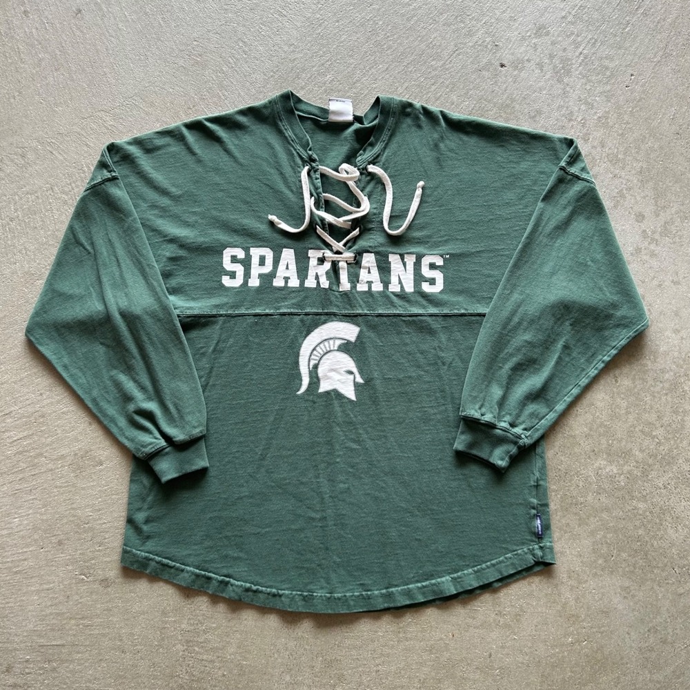 Michigan State Spartans Spirit Jersey Shirt Size Medium Green Lace Long Sleeve